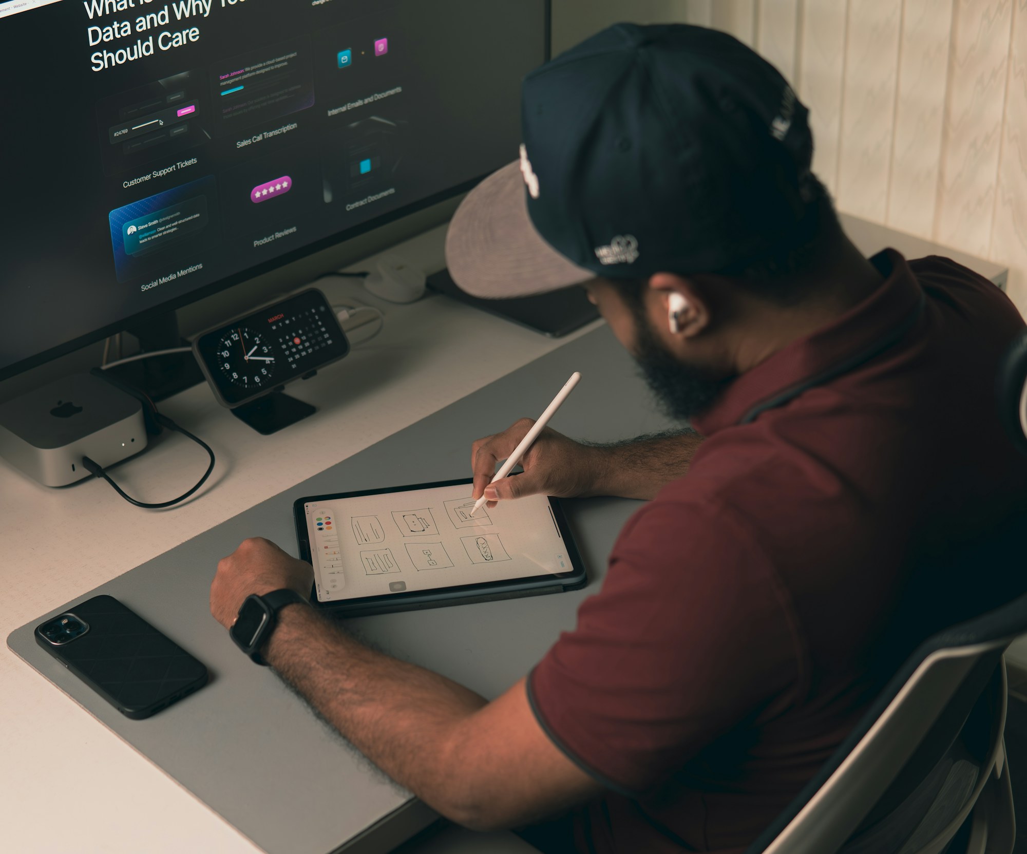 Product designer developing a digital interface at a studio desk