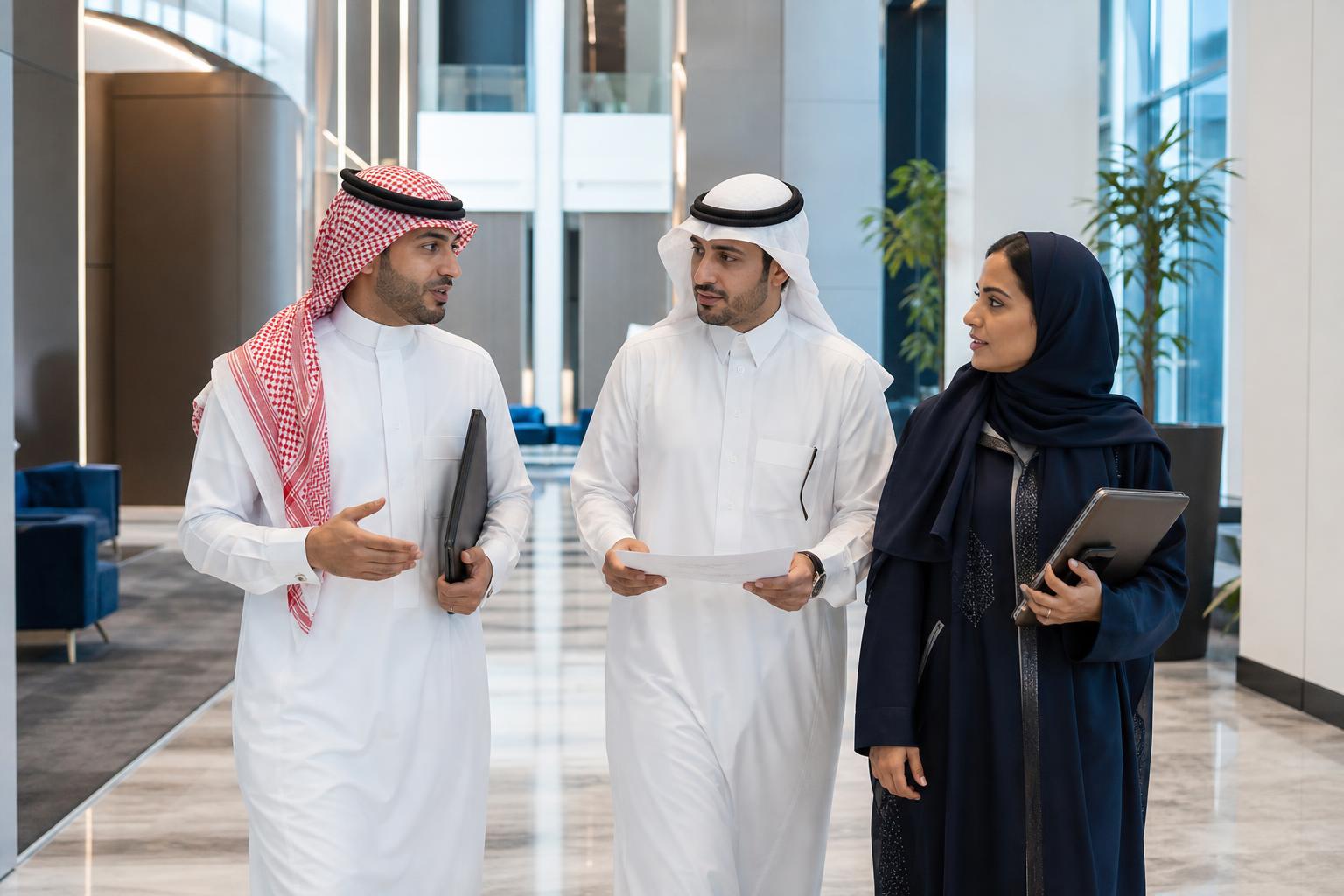 Saudi business leaders discussing transformation plans in a modern corporate setting