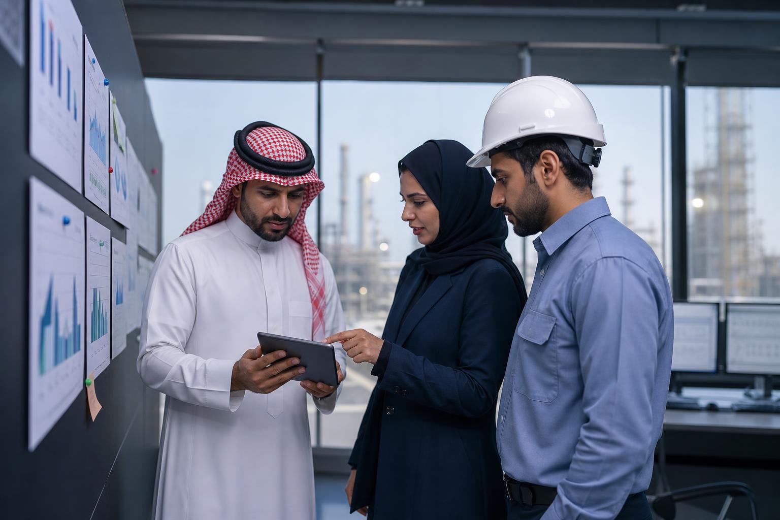 Saudi operations leaders and an engineer reviewing transformation adoption in an industrial control room