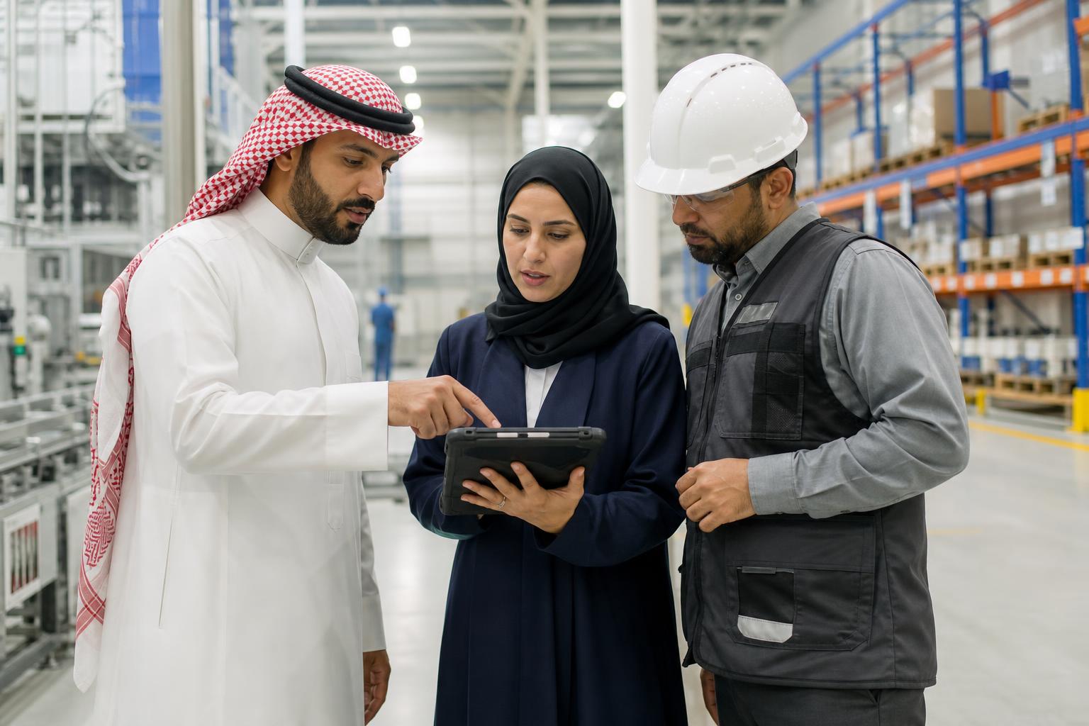 Saudi operations leaders and an engineer reviewing enterprise data in a manufacturing facility
