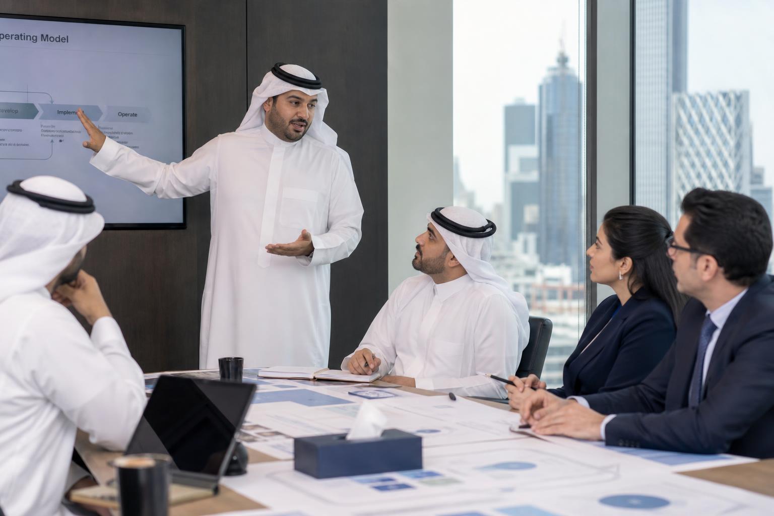 Saudi business leaders reviewing strategy and performance information in a workshop