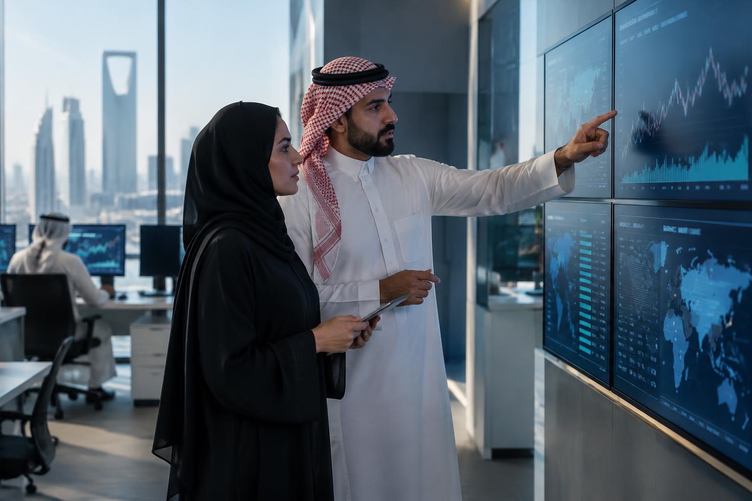 Saudi financial professionals reviewing market risk and digital banking data