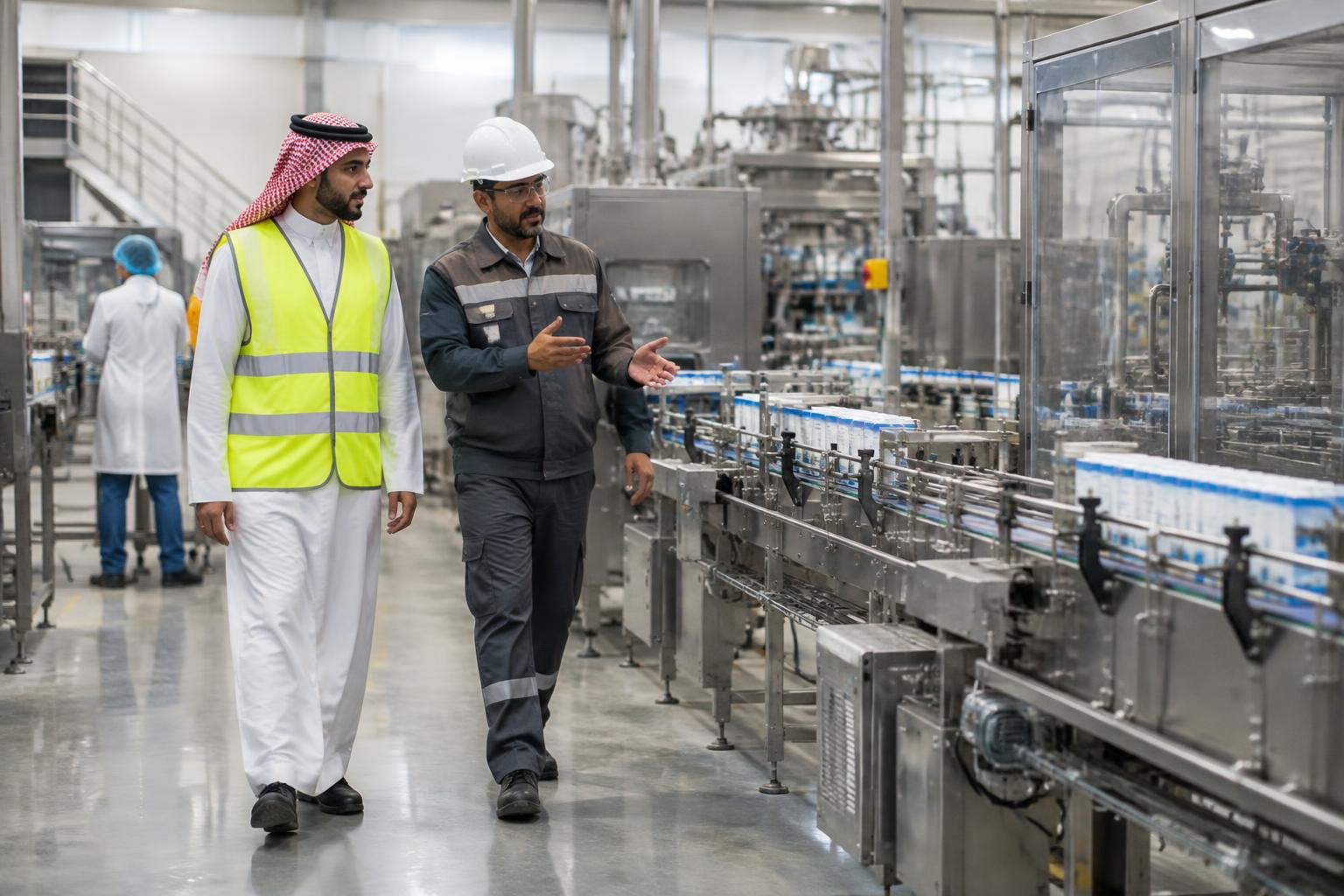 Saudi operations leader and plant engineer inspecting an automated production line