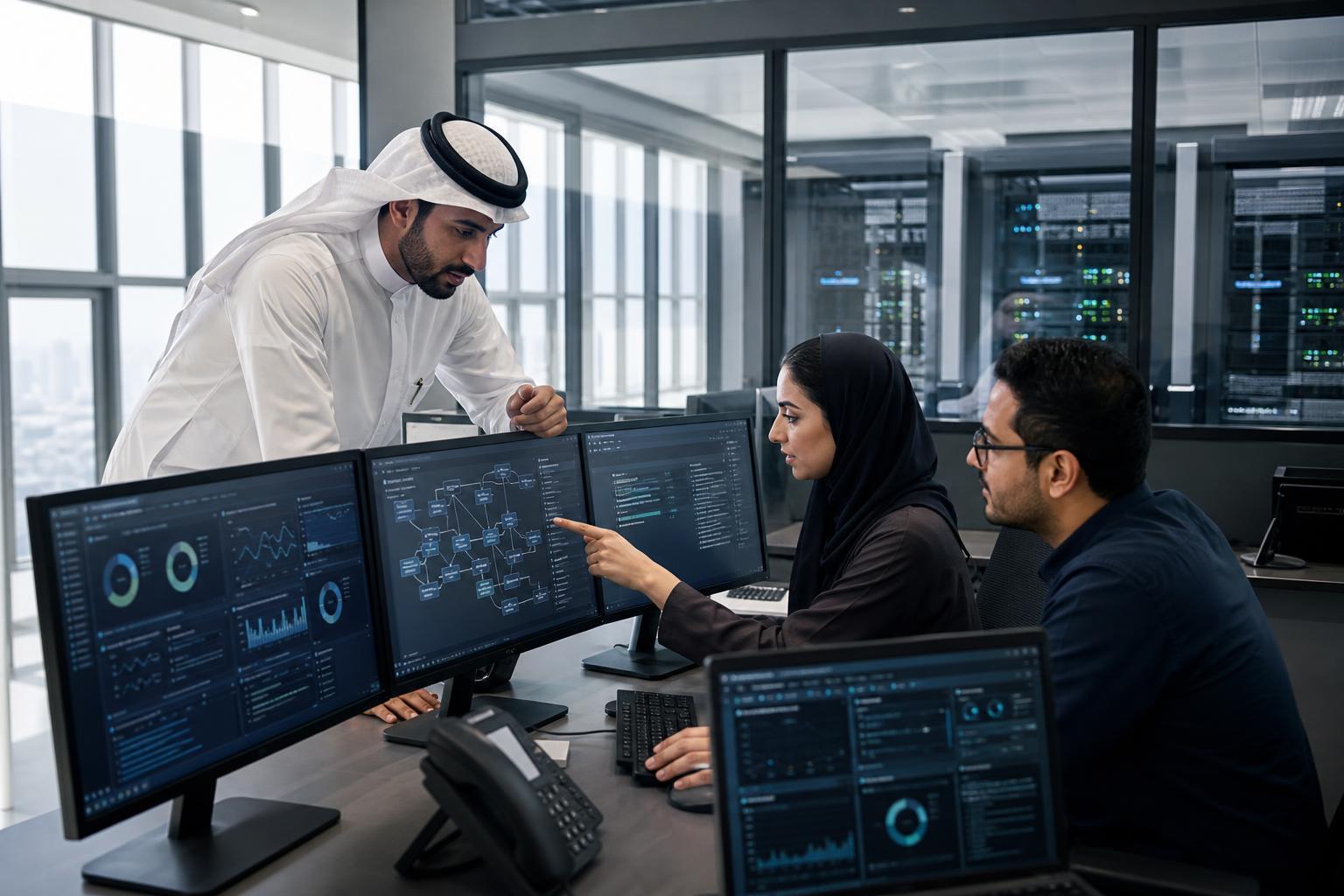 Saudi data and technology specialists reviewing enterprise automation workflows in a modern operations centre