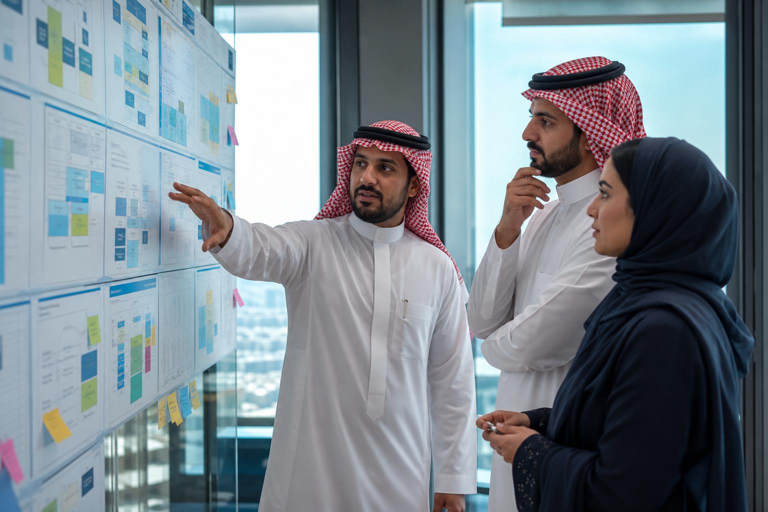 Saudi business professionals reviewing a transformation roadmap on a glass planning wall