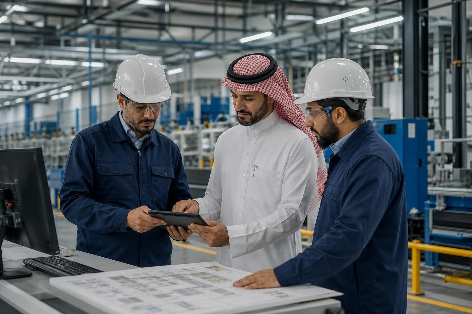 Saudi programme leader and plant specialists reviewing enterprise systems in a manufacturing facility