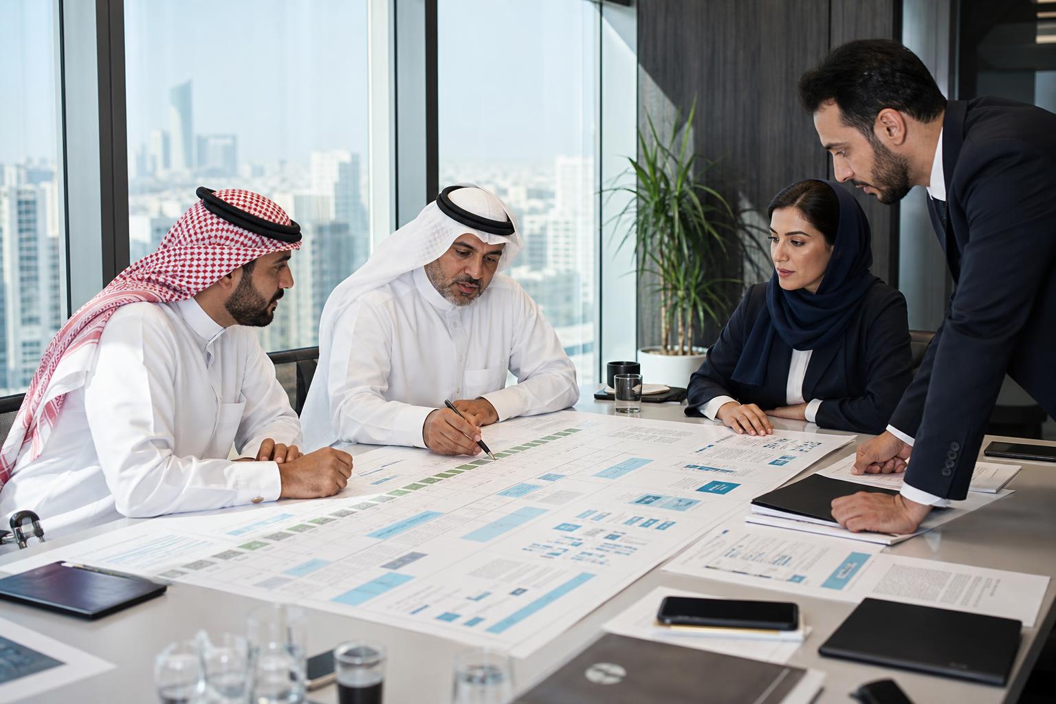 Saudi business leaders reviewing a portfolio roadmap in a modern boardroom